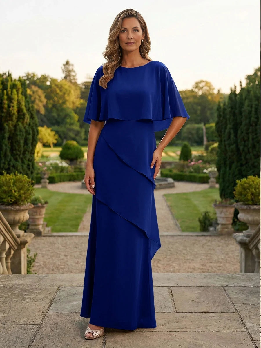Layered boat-neck chiffon dress, dark blue with ruffle overlay