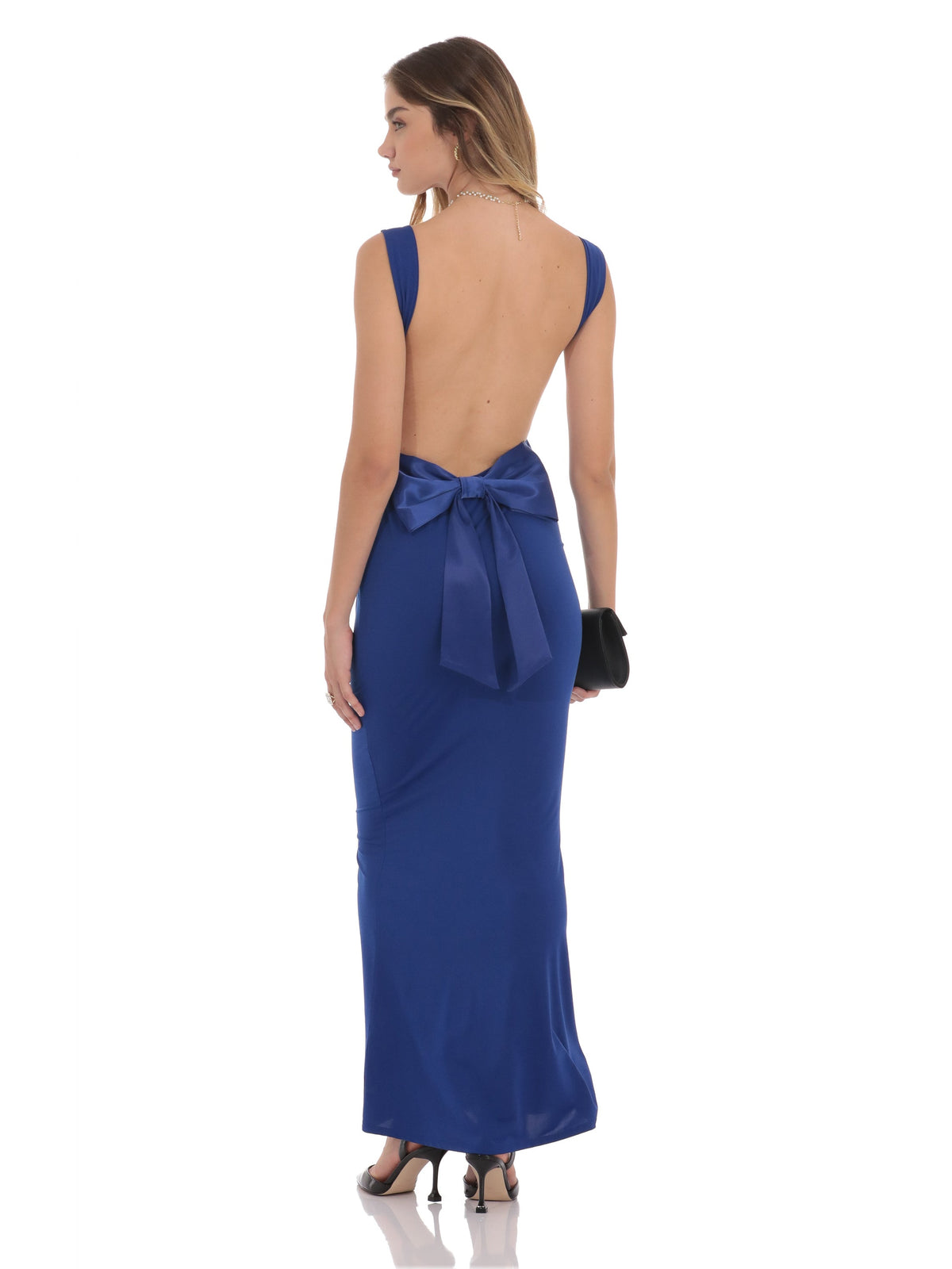 Blue A-line maxi dress with back bow, low back, and thin straps