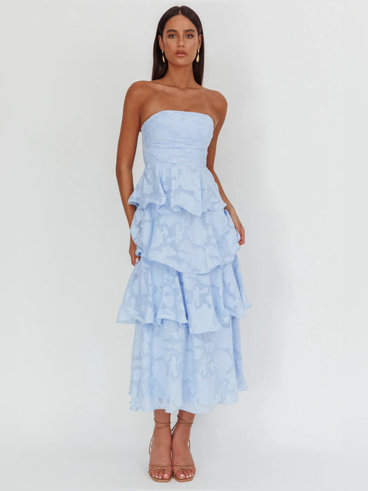 Blue strapless layered midi formal dress with asymmetrical ruffled tiers at the waist