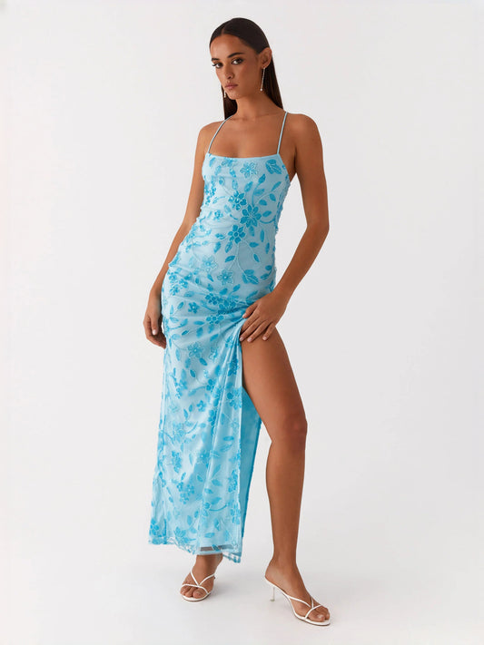 Blue spaghetti-strap maxi dress with floral print, side slit, beaded straps