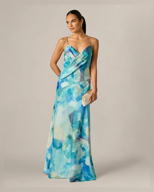 Blue watercolor draped V-neck A-line floor-length formal dress with beaded straps