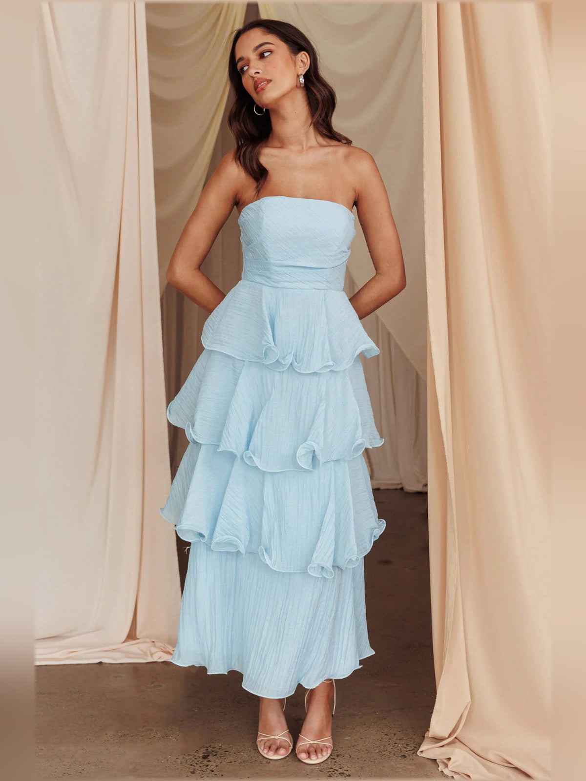 Light blue strapless layered midi formal dress with tiered ruffle skirt