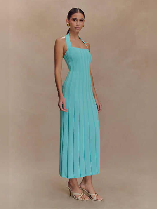Turquoise halter knit midi dress with scoop halter neckline and ribbed pleated body