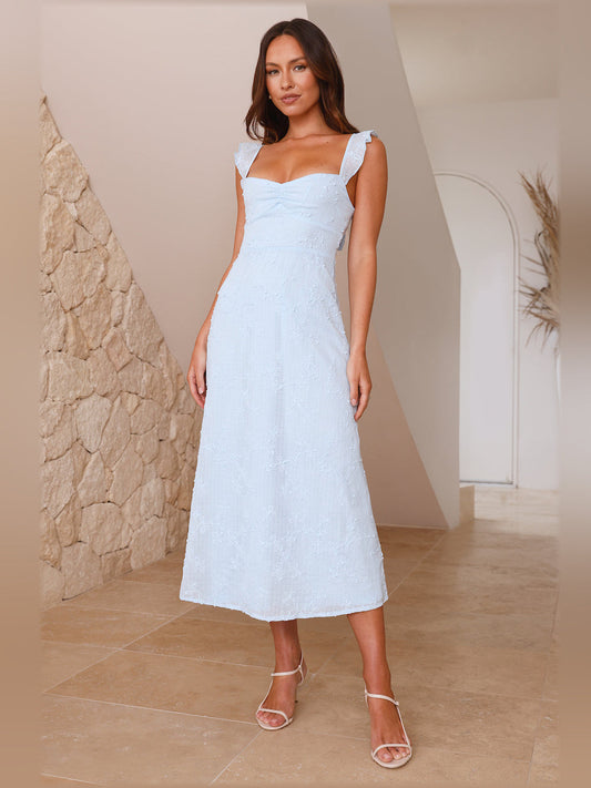Starfish Wish midi formal dress, light blue lace-texture, side shoulder bows