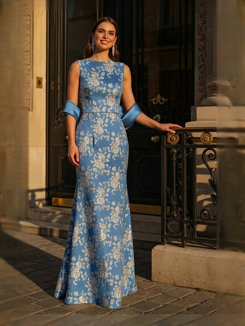Blue floral scoop neck sleeveless mermaid floor-length dress, fitted gown
