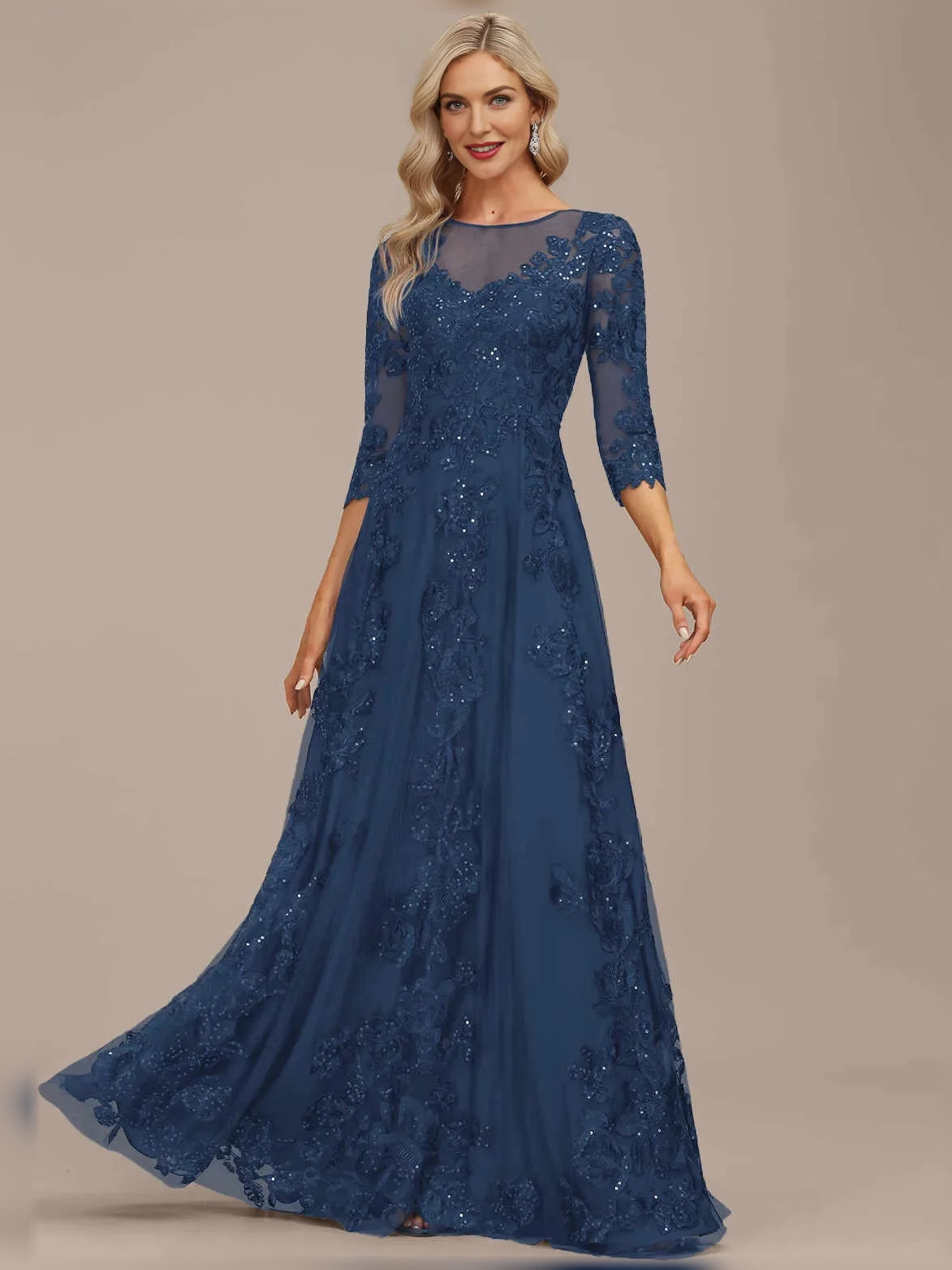 Dark blue sequin A-line maxi gown with illusion neckline and floral lace appliques