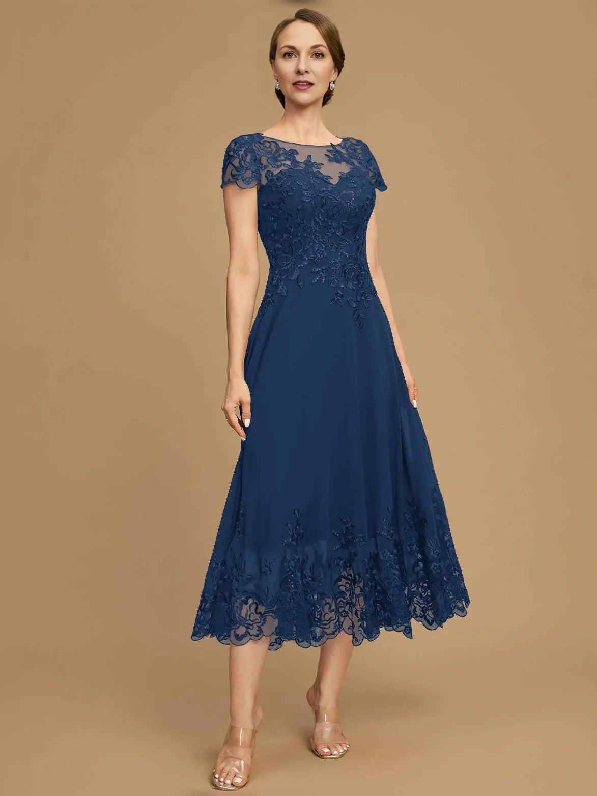 Dark blue sequin boat-neck A-line chiffon tea-length dress with lace bodice