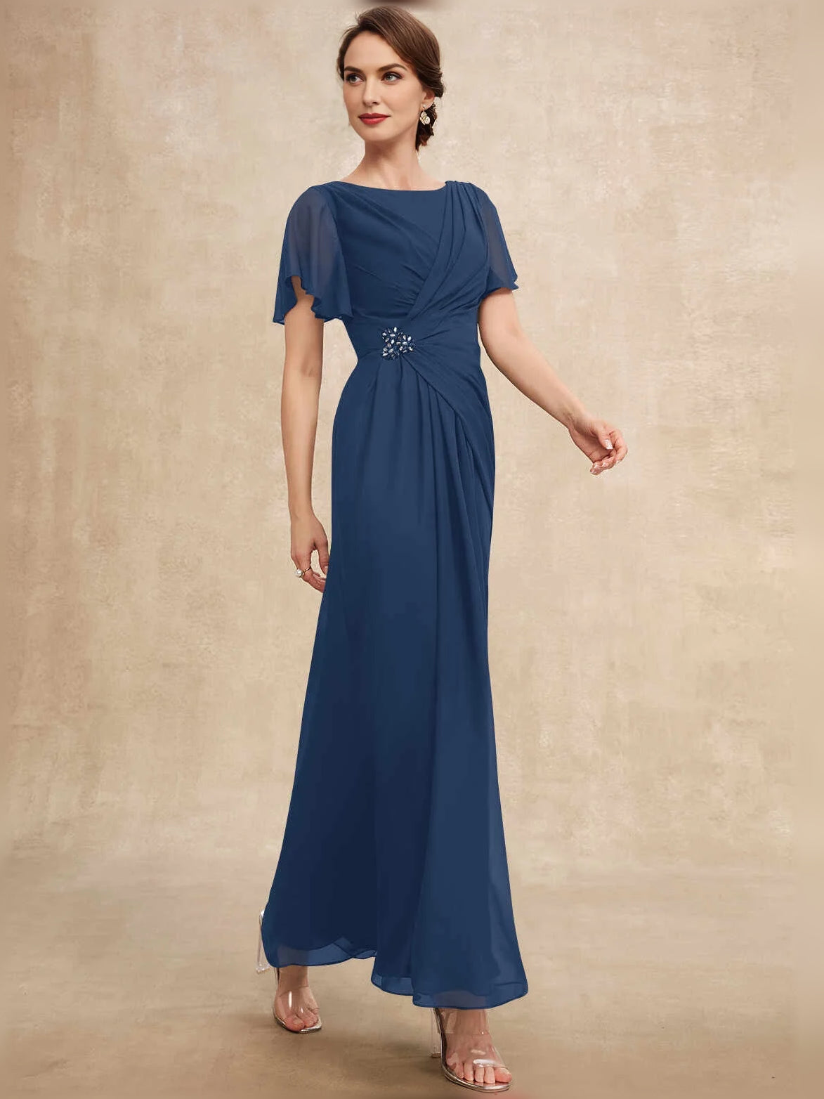 Blue chiffon maxi dress with ruched drape bodice and flutter sleeves, A-line skirt