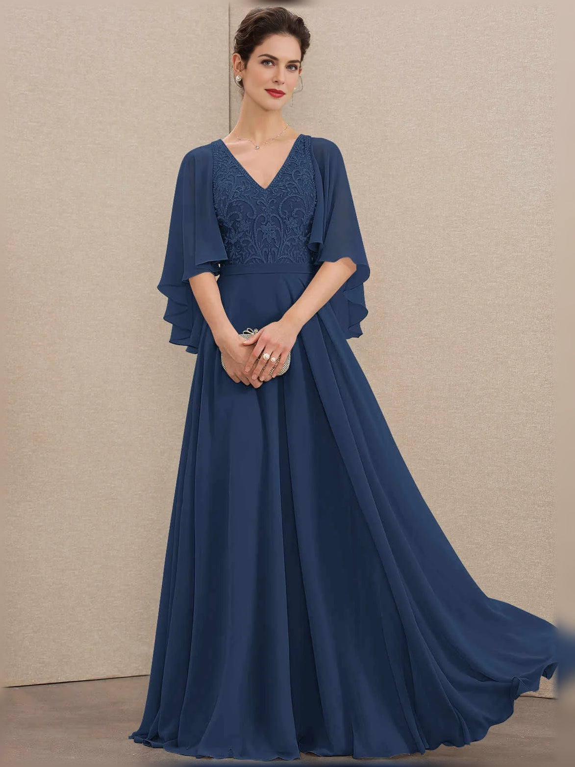 Embroidered V-neck A-line chiffon dress, floor-length, dark blue, flutter sleeves