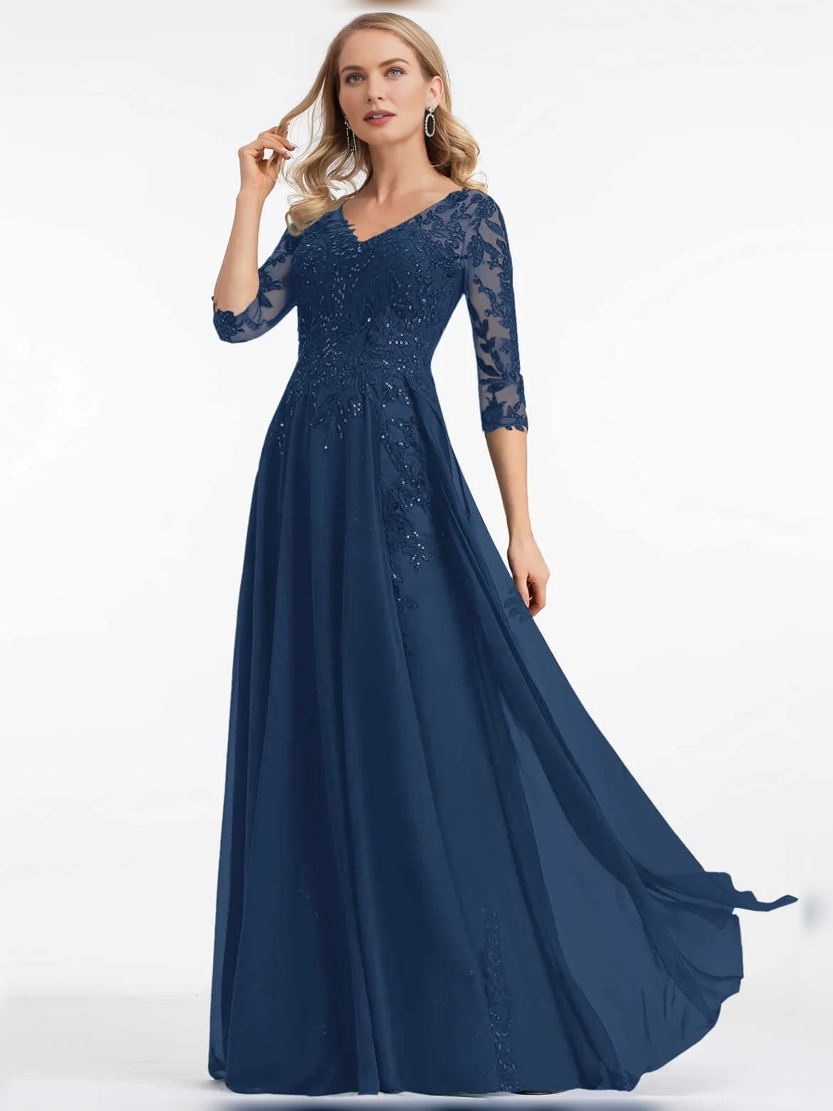Embroidered sequin floral maxi dress, V-neck A-line, dark blue, 3/4 lace sleeves