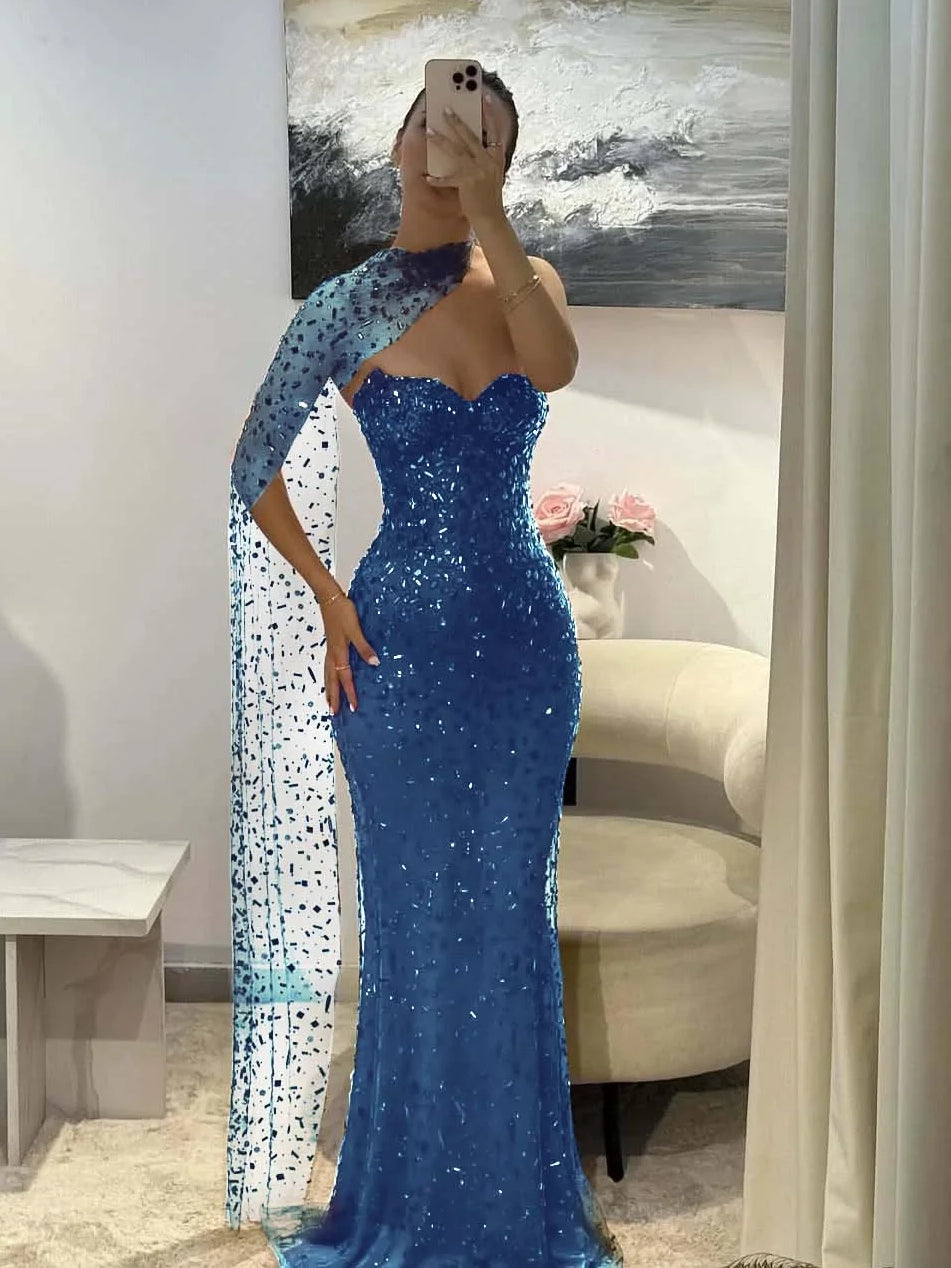 Dark blue sequin sweetheart mermaid prom dress with cut-out back, floor-length