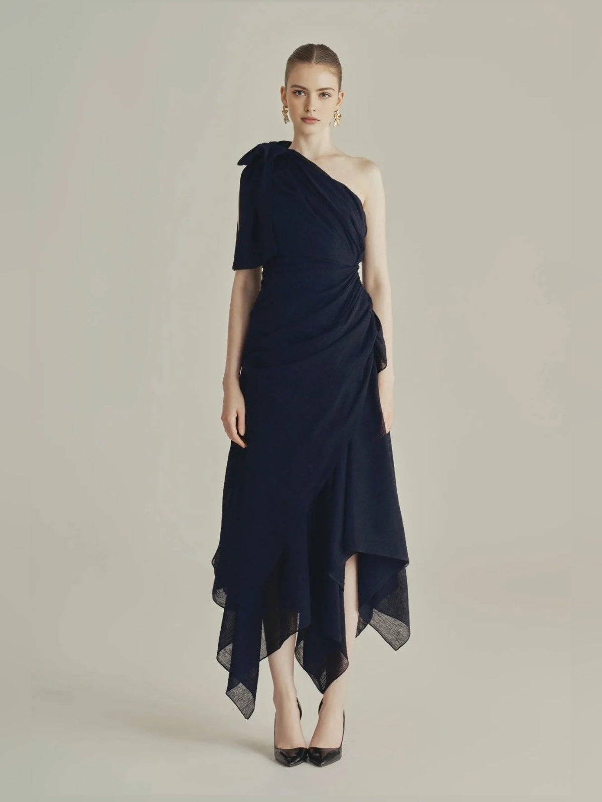 Dark blue one-shoulder ruched layered midi prom dress, draped A-line silhouette