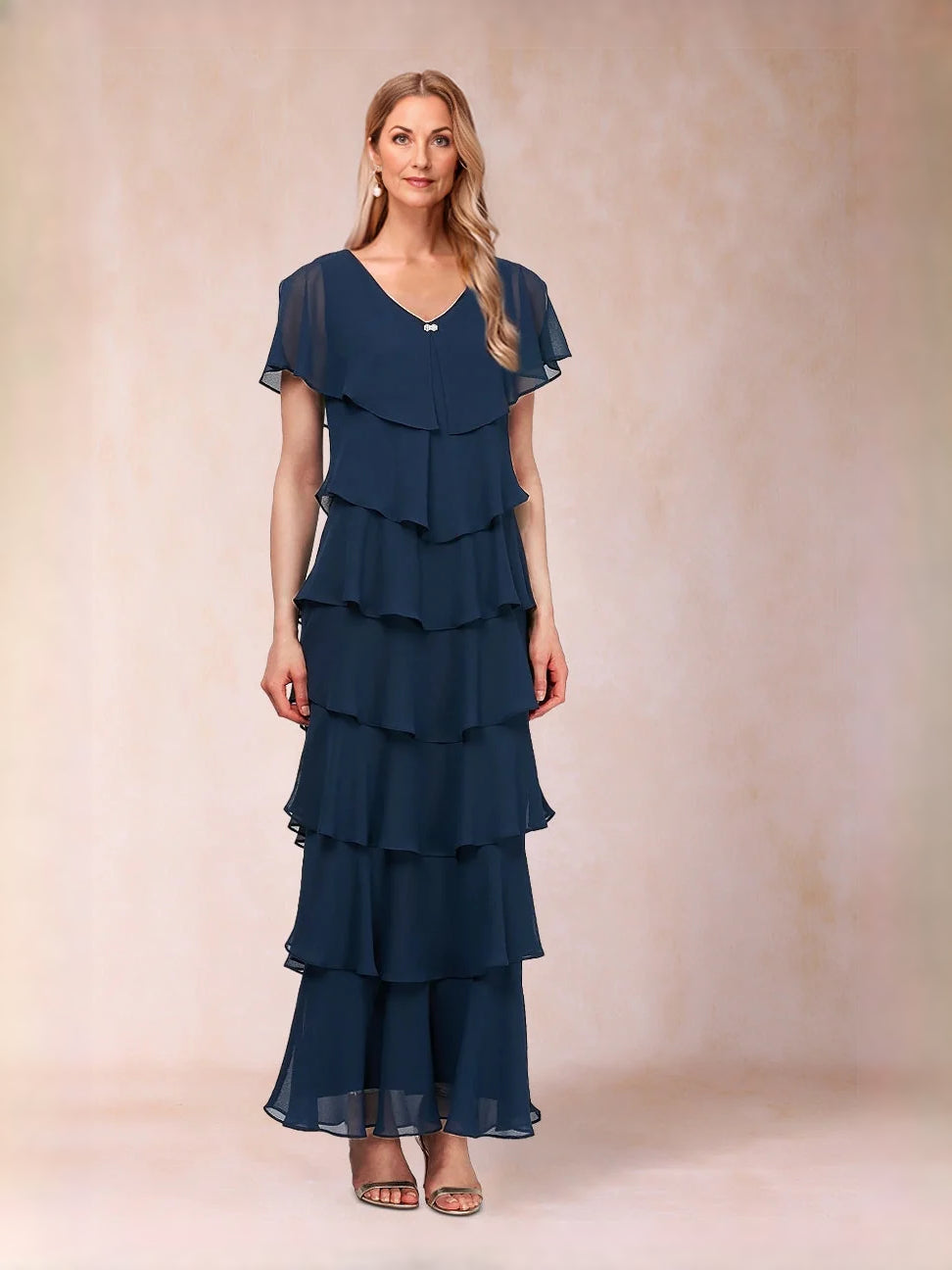 Tiered ruffled V-neck A-line maxi chiffon dress, dark blue