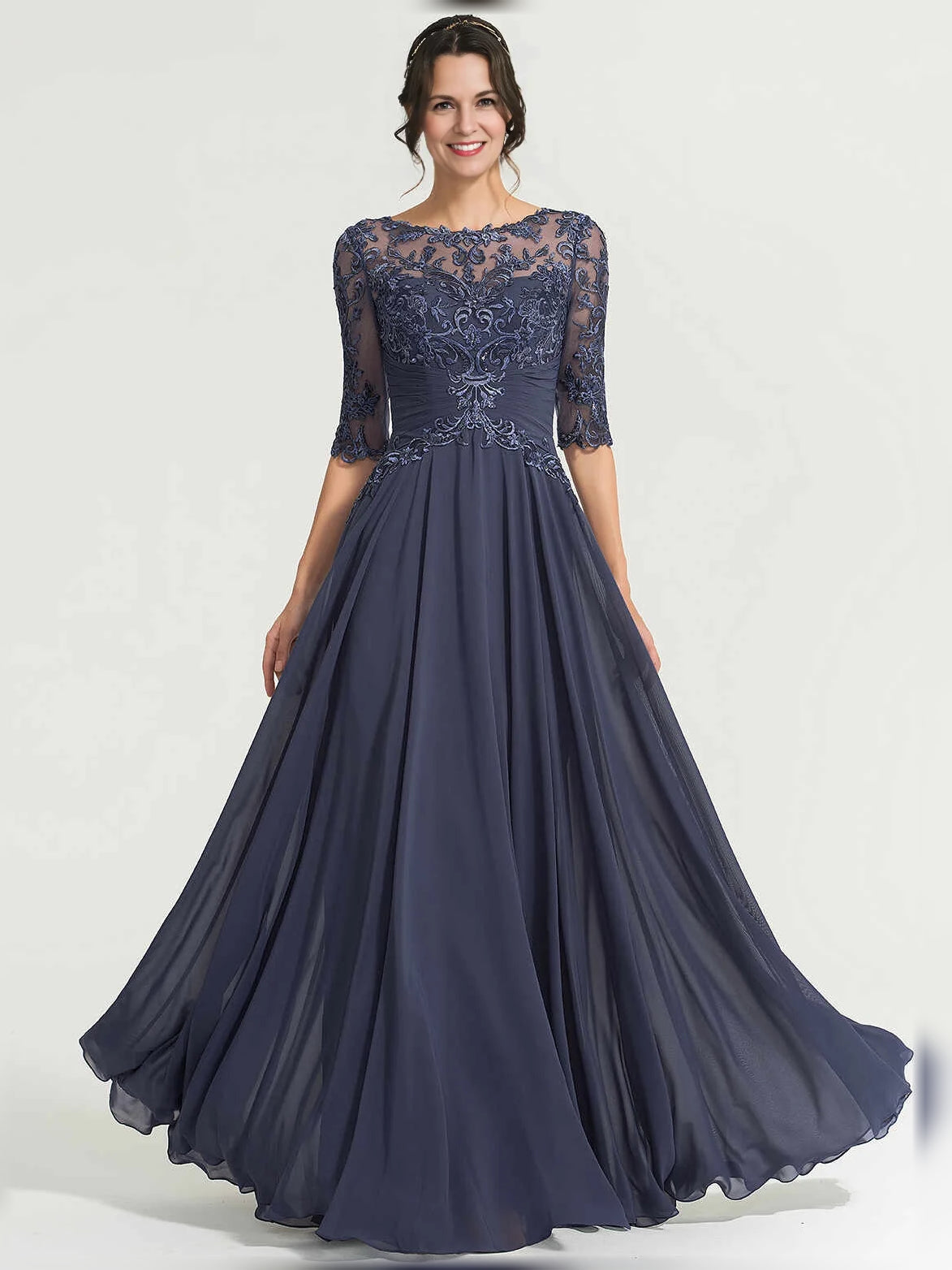 Dark navy illusion-neck A-line maxi chiffon dress front view with lace floral applique