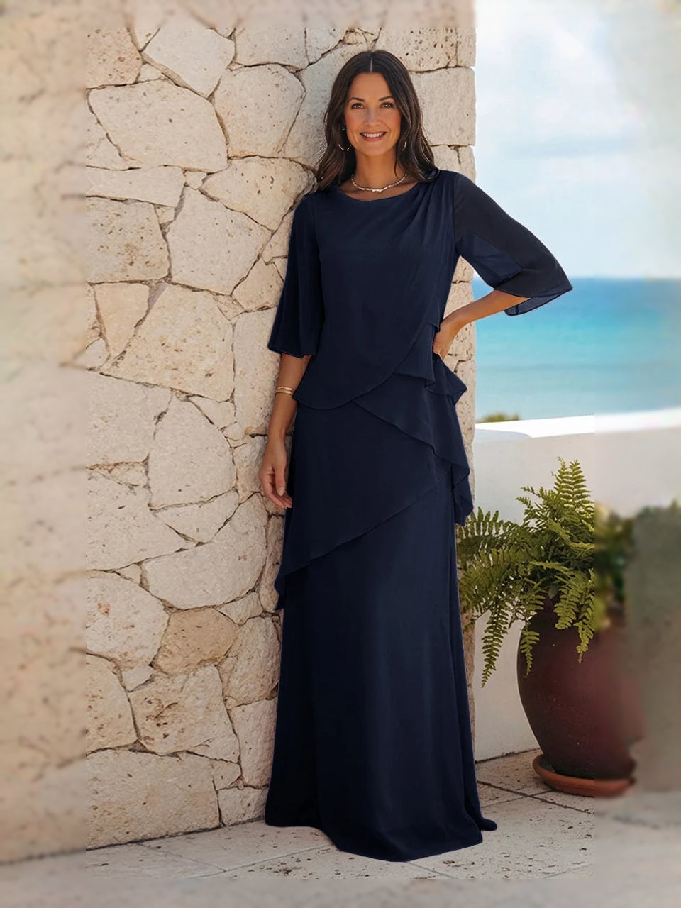 Layered ruffled chiffon A-line dress, navy, 3/4 sleeves, tiered skirt