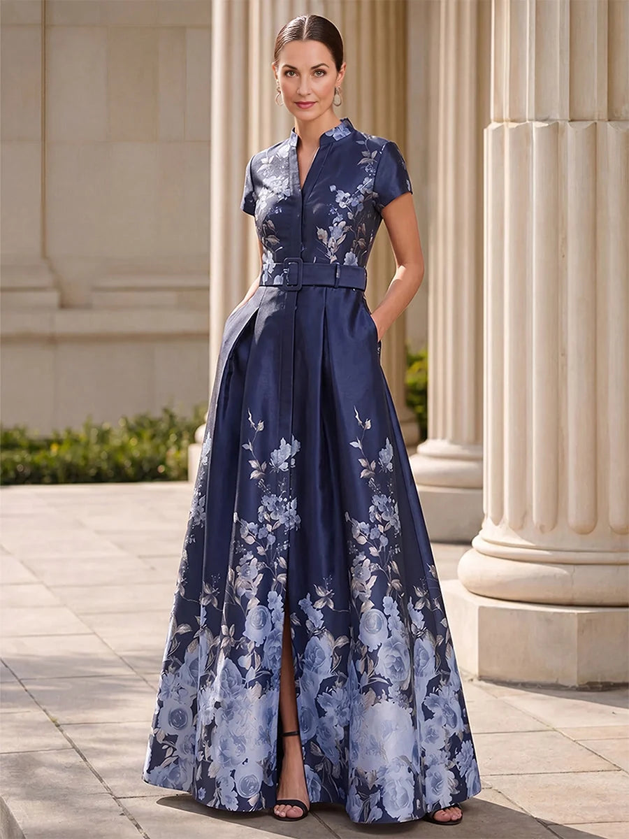 Dark blue floral satin cap-sleeve maxi dress, high neck, front slit