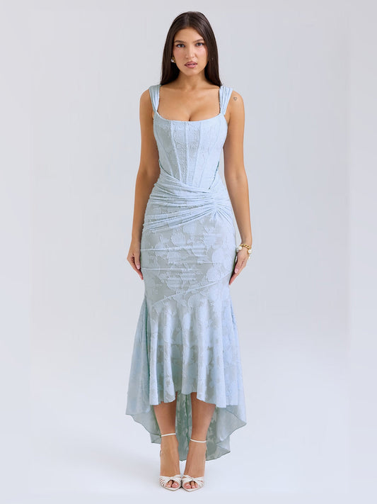 Light blue sleeveless floral maxi dress with square neckline, ruched waist and flared ruffle hem