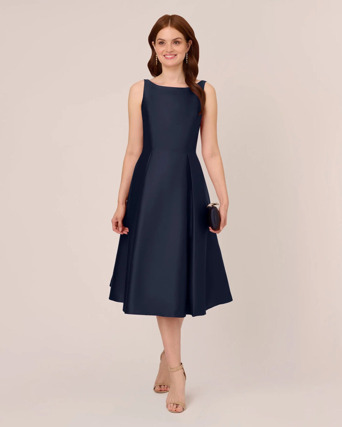Sleeveless fit-and-flare midi dress in dark navy, square neckline and A-line skirt