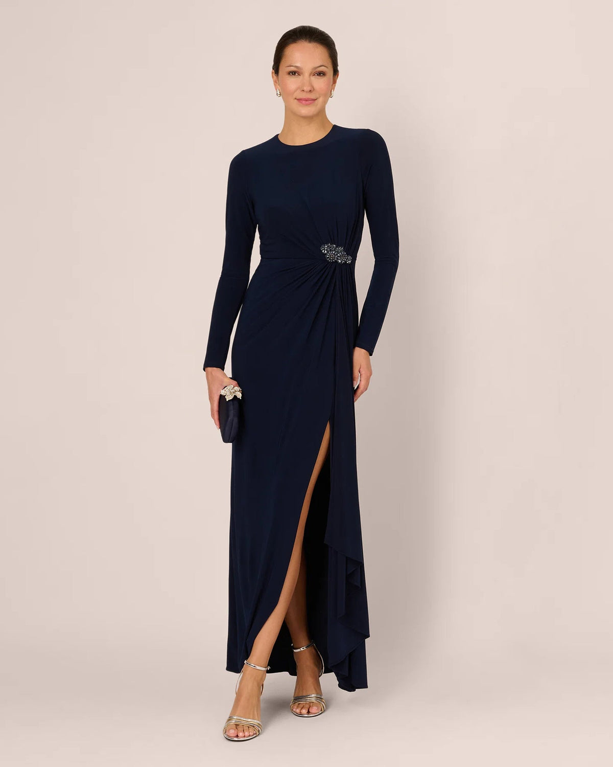 Midnight blue draped maxi mother-of-the-bride dress, long sleeves, side slit and beaded waist
