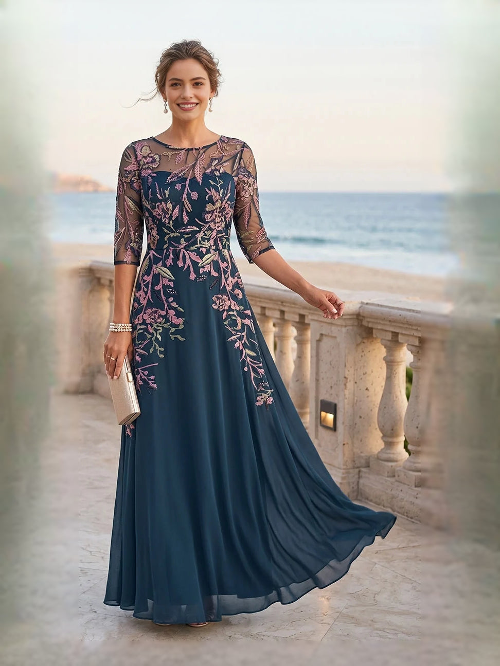 Navy A-line floor-length dress with embroidered floral details and 3/4 sleeves