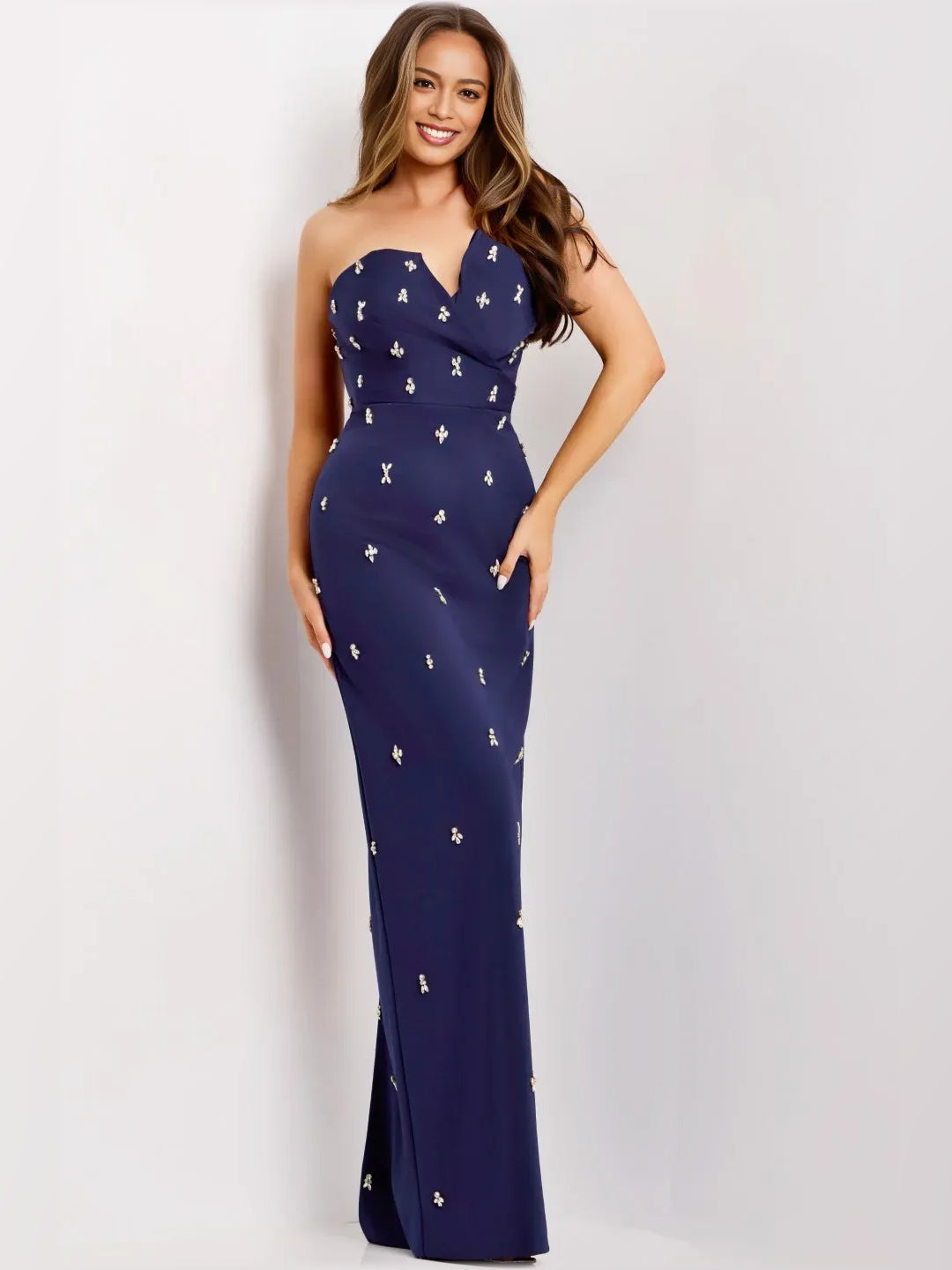 Navy sweetheart sheath formal dress with beaded accents and side slit, floor length