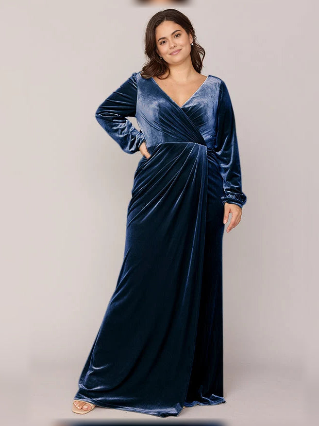 Navy velvet wrap V-neck floor-length dress with long sleeves and front slit
