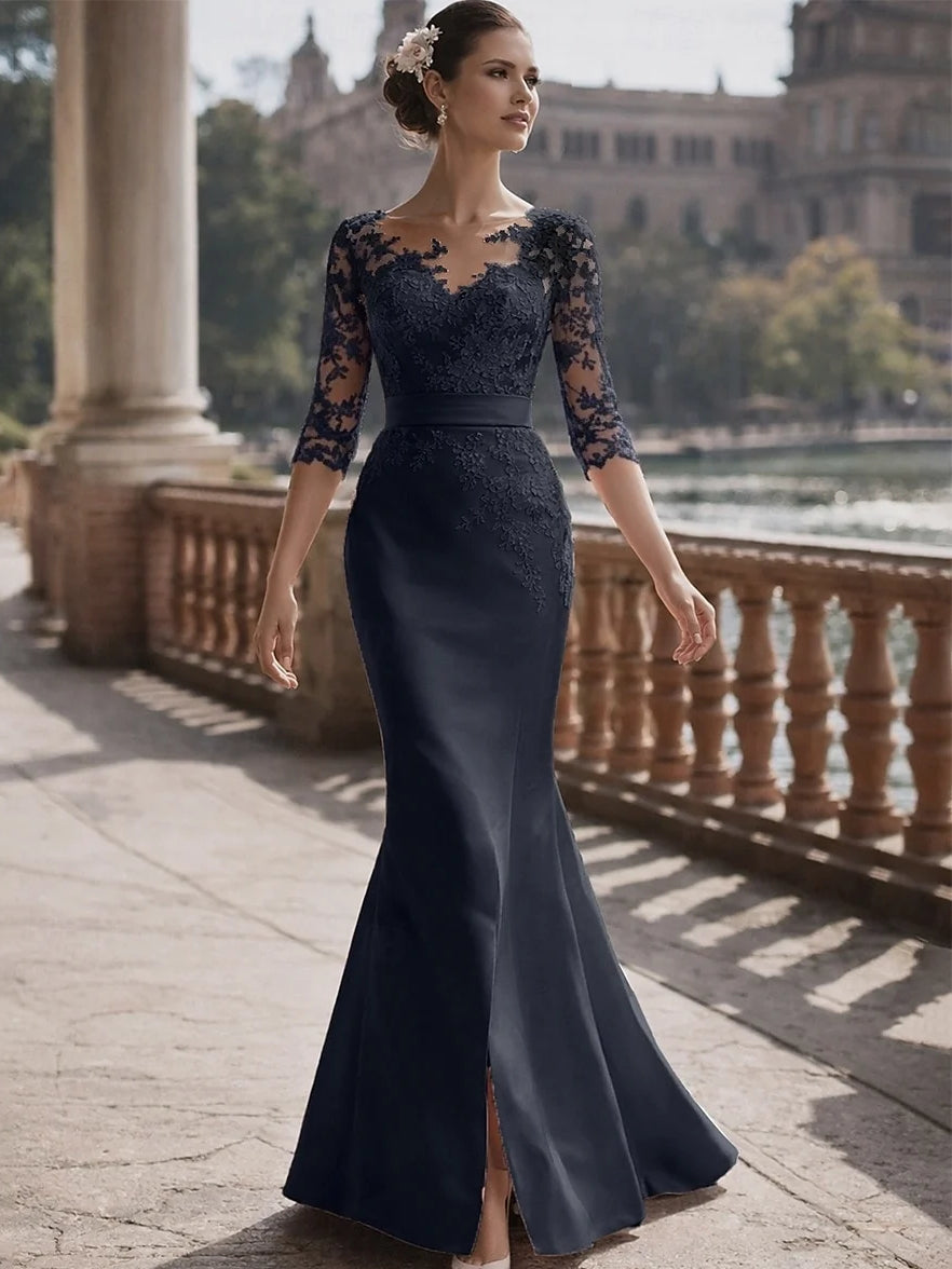 Navy mermaid satin evening dress with V-neck, sheer floral lace sleeves, thigh slit