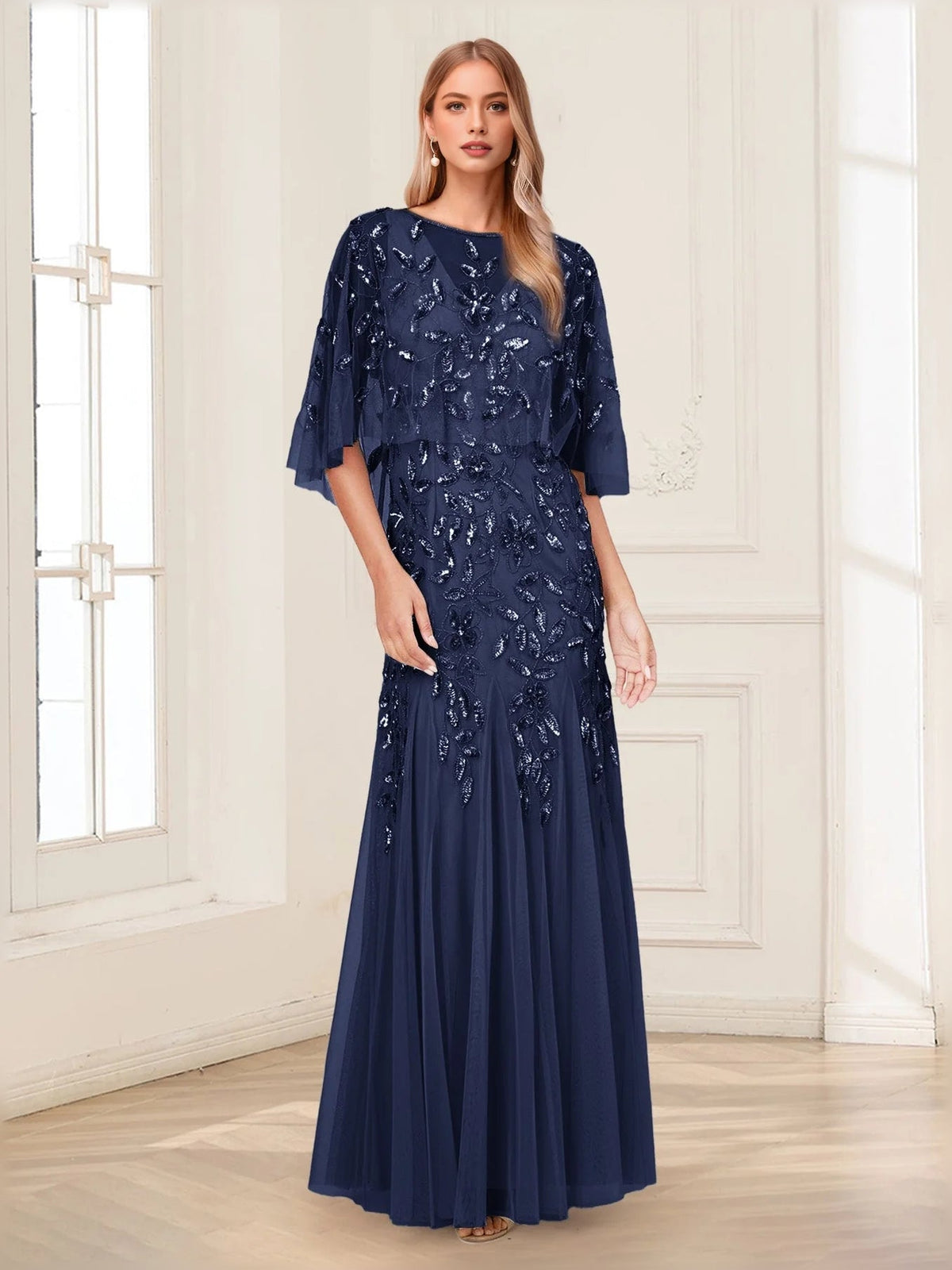 Navy blue sequin tulle mermaid dress with cape sleeves, floor-length