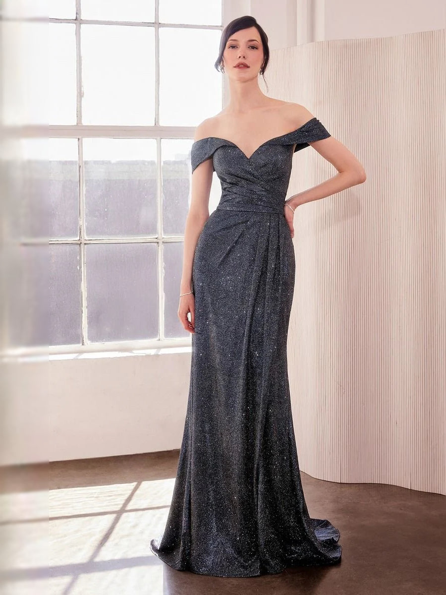Dark gray off-shoulder sweetheart glitter mermaid prom dress with side slit and train.