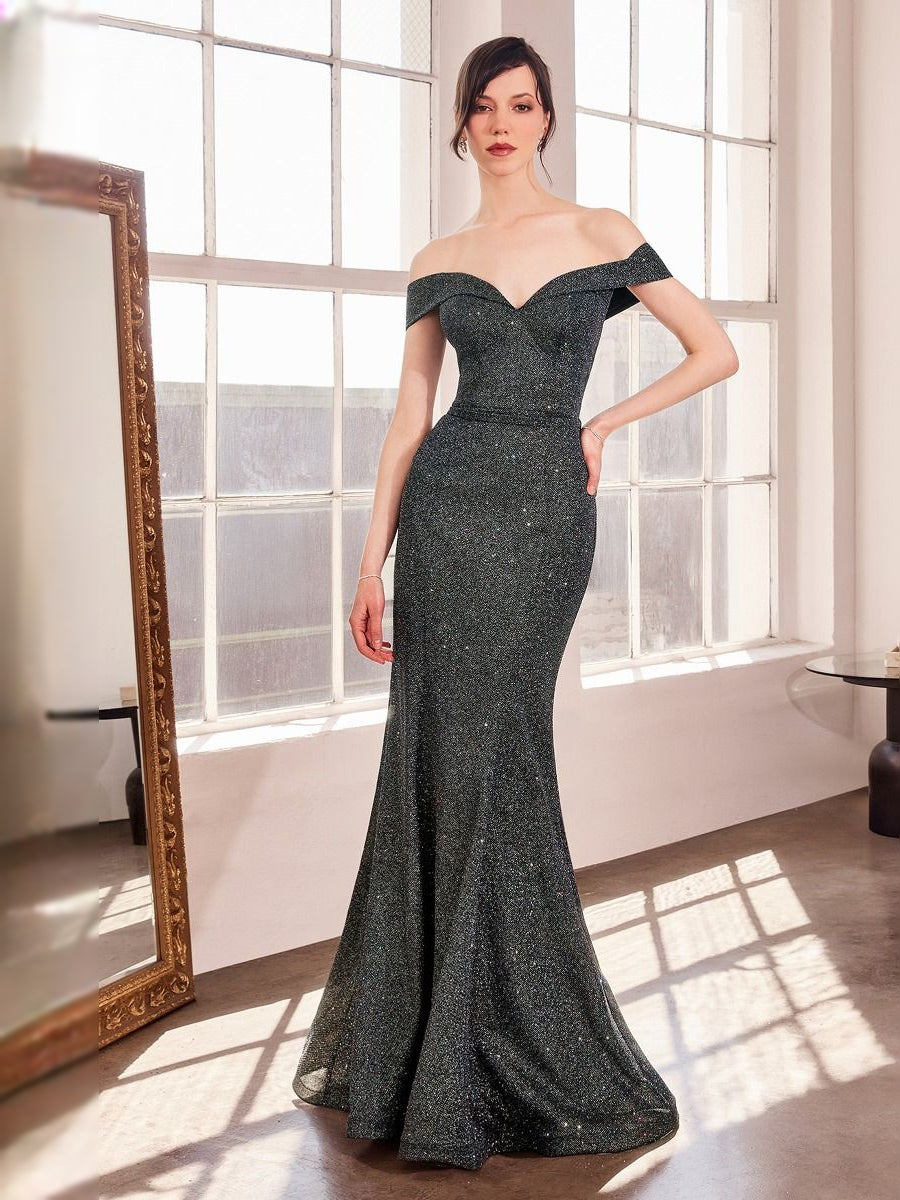 Dark glitter off-shoulder V-neck mermaid prom dress, floor-length, full front