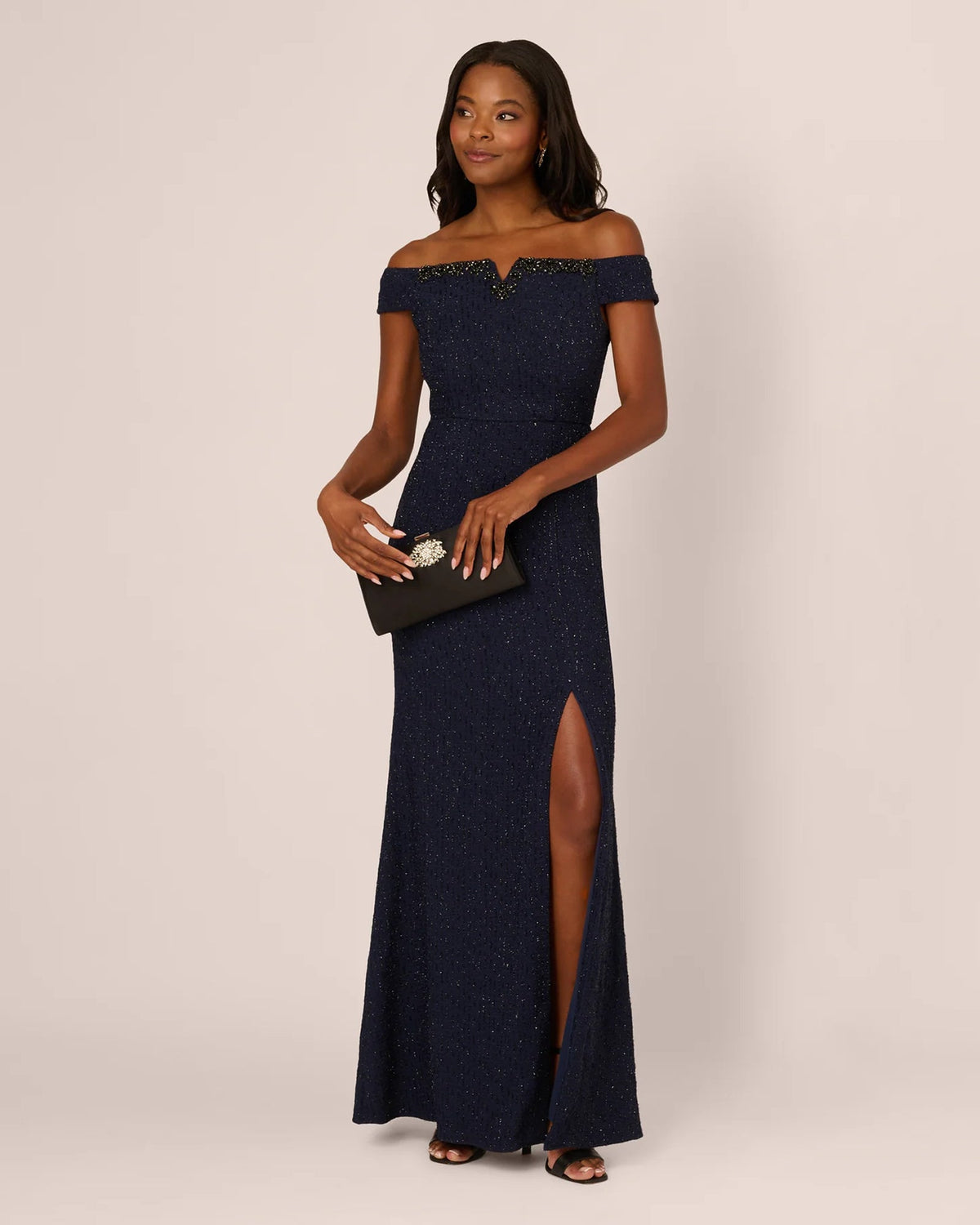 Navy off-shoulder A-line maxi dress with embellished off-shoulder trim and front slit