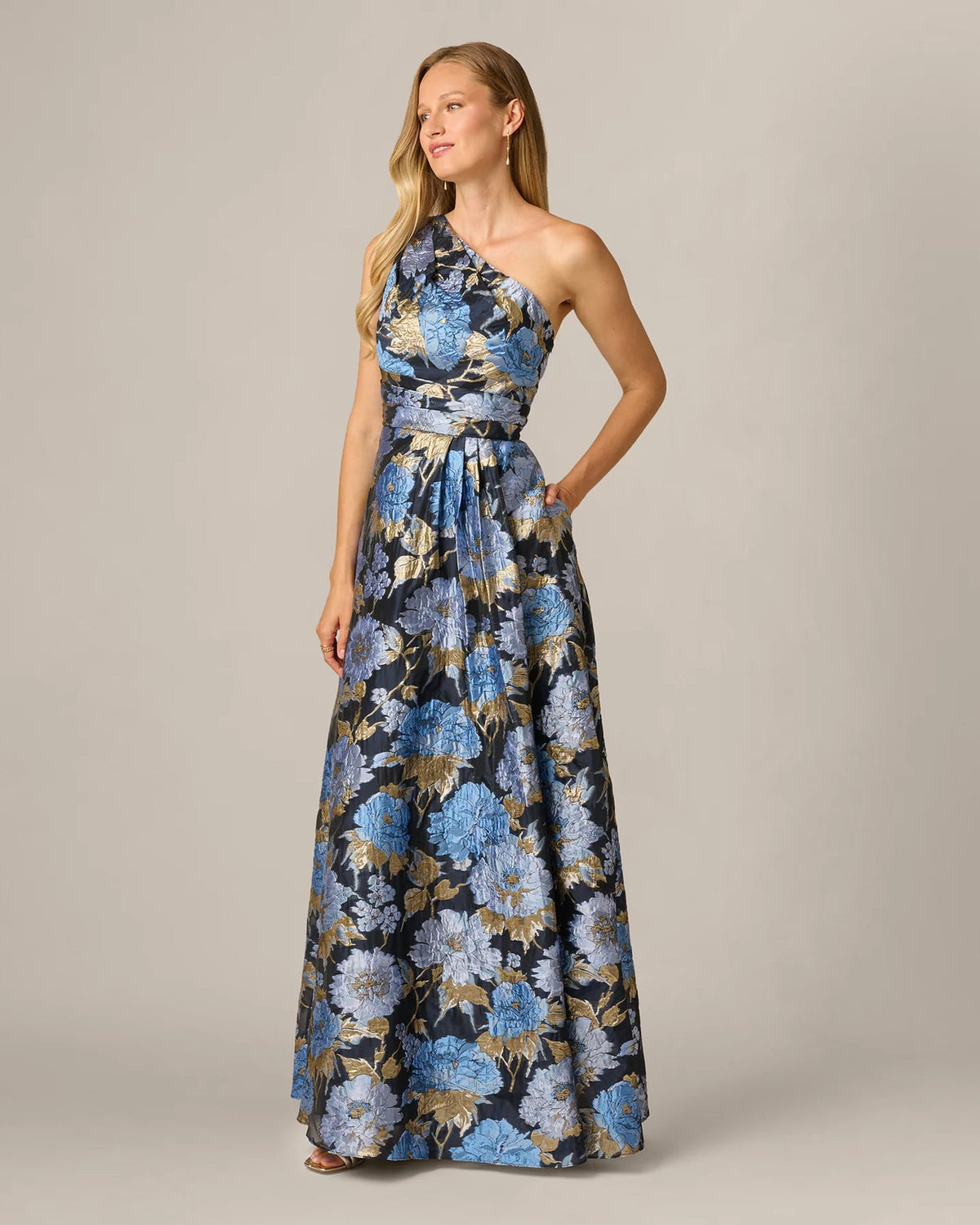 Floral one-shoulder A-line maxi dress with cinched waist, blue multi print and flowing skirt