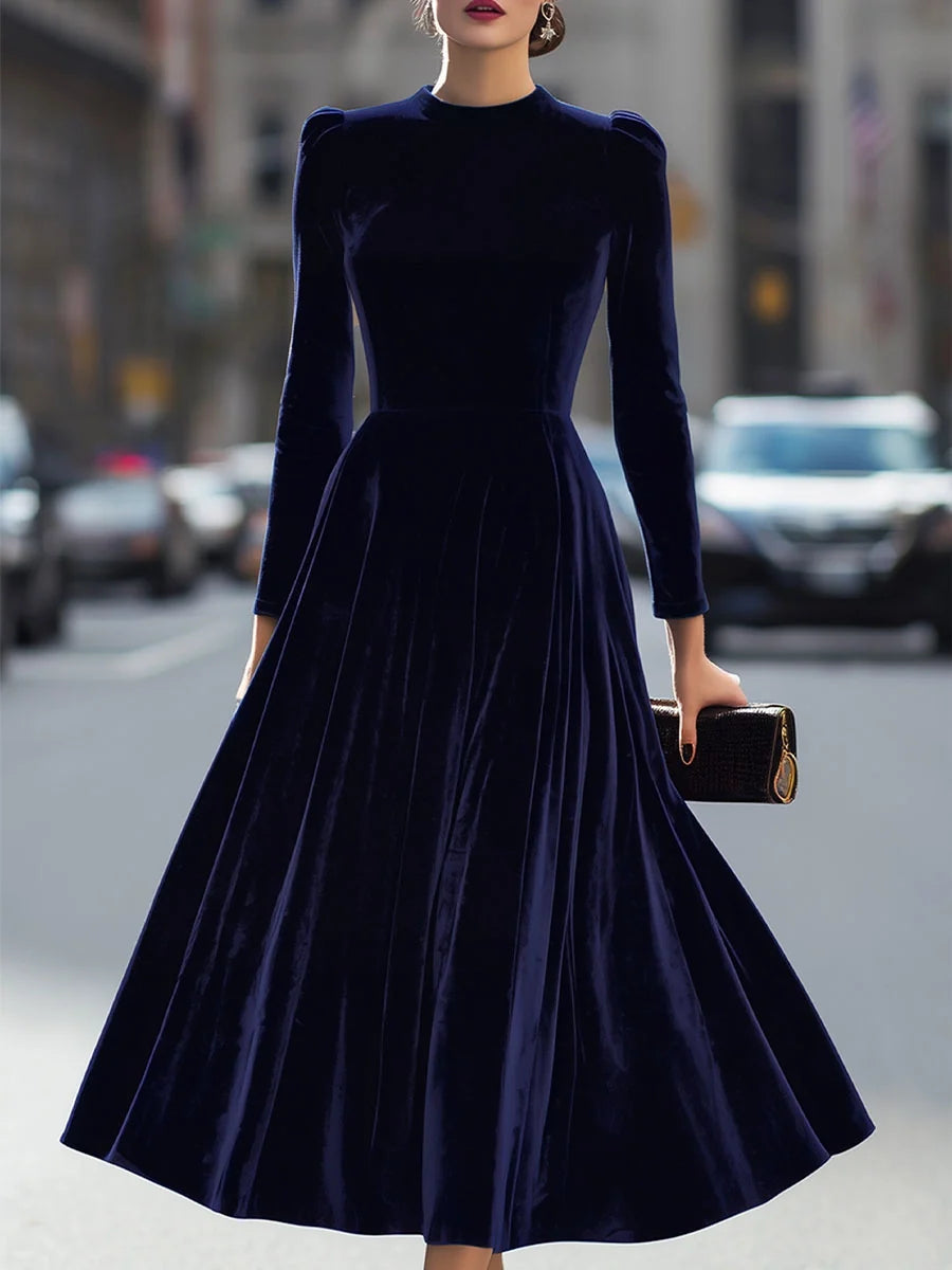 Navy blue velvet A-line midi dress with jewel neckline and full skirt