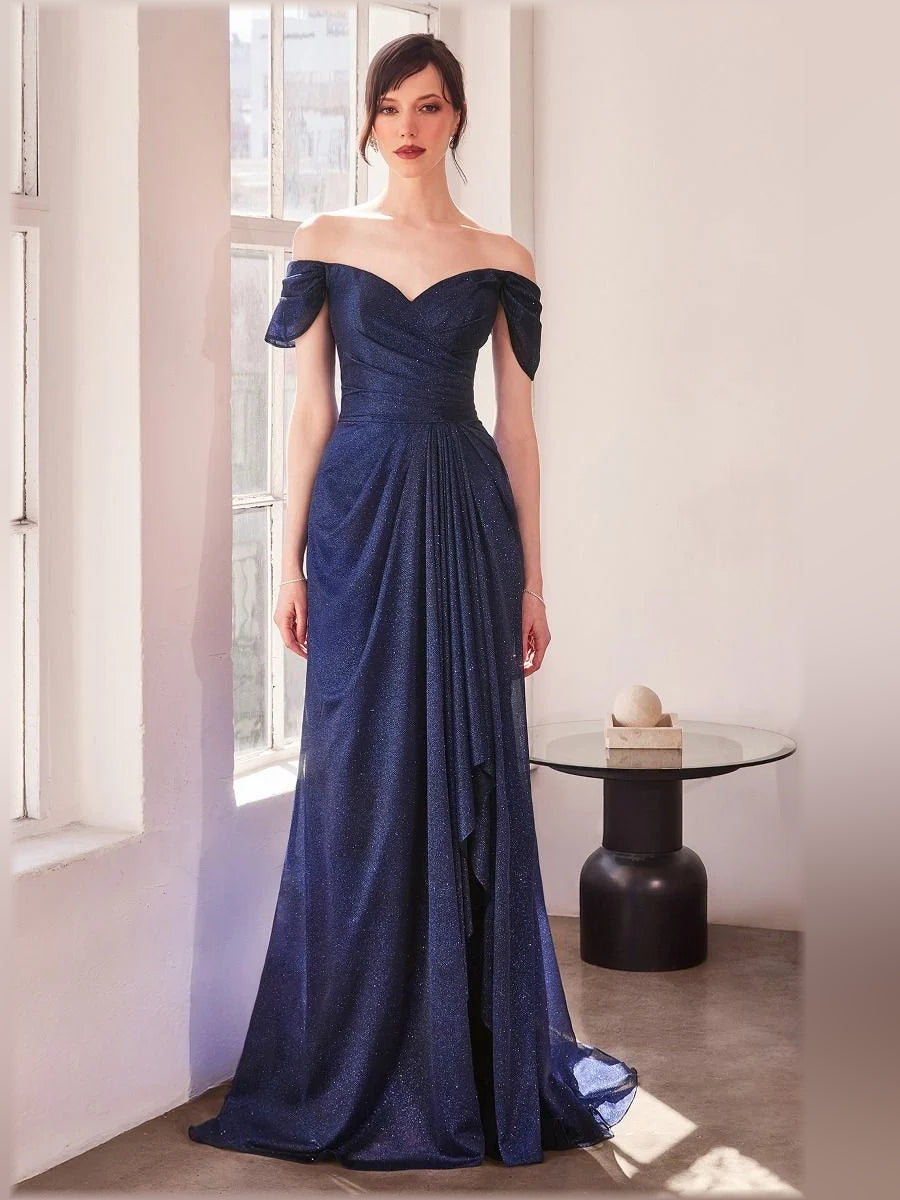 Navy off-shoulder ruched sheath gown with pleated skirt and gathered neckline, floor length.