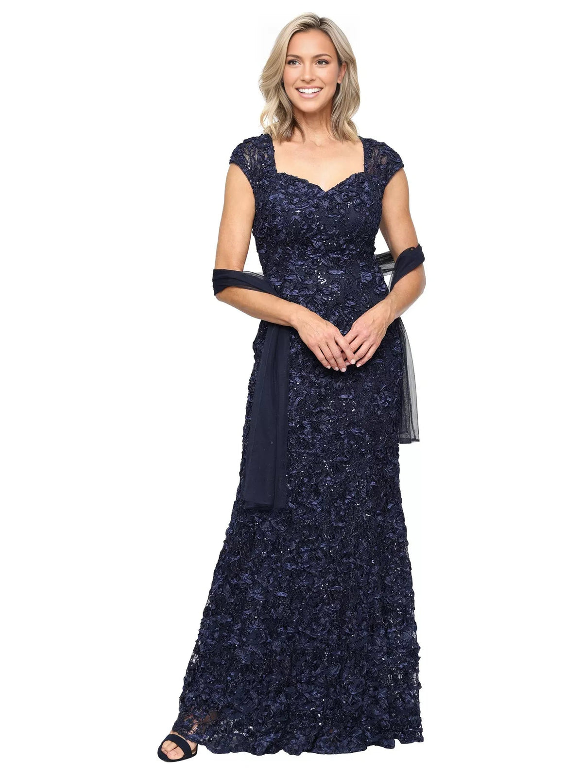 Navy sweetheart mermaid formal dress front view with cap sleeves and textured beadwork