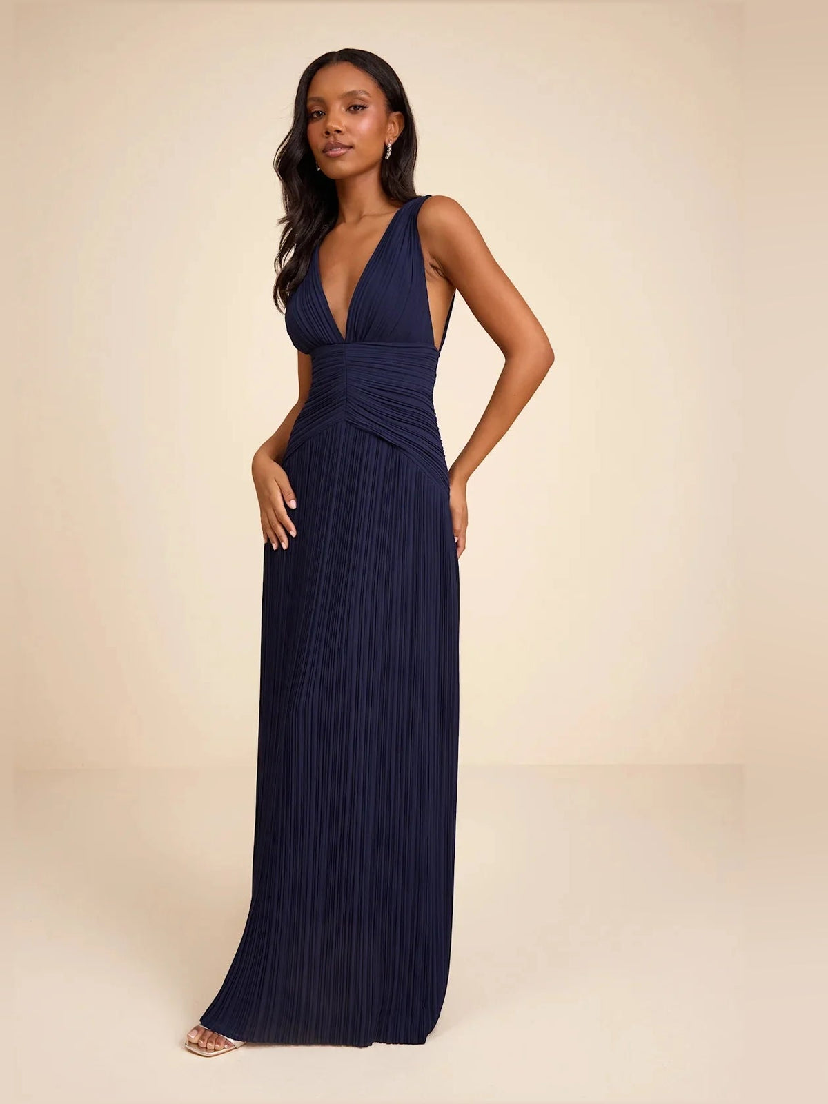 Navy blue sleeveless V-neck ruched column maxi chiffon dress