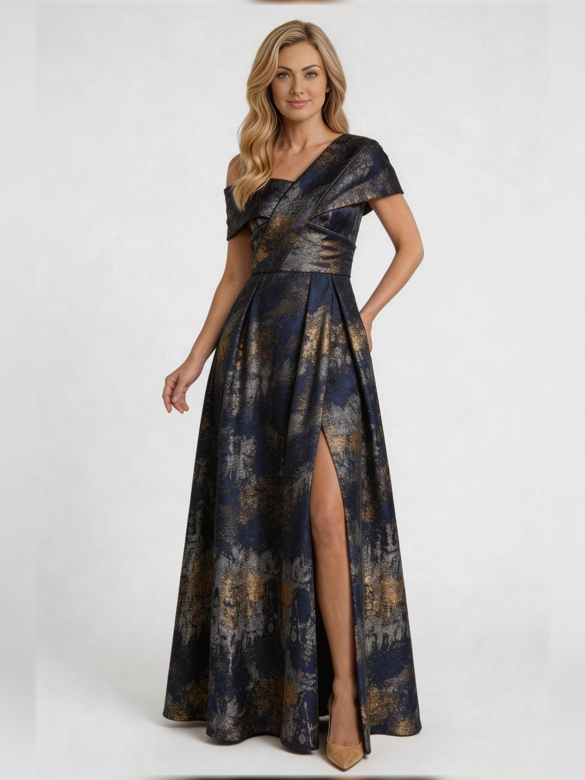 Navy floral A-line mother-of-the-bride dress with asymmetrical V-neck and side slit