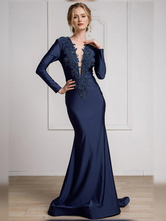 Navy blue V-neck long-sleeve formal dress with beaded floral front and flowing floor-length hem.