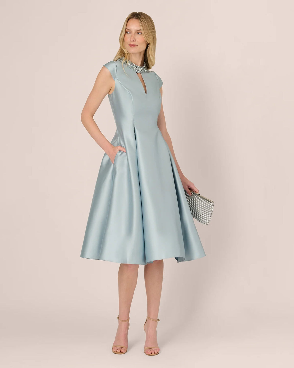 Pale blue cap-sleeve A-line midi dress, front view with fluttery skirt