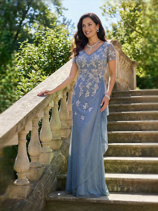 Steel blue chiffon mermaid dress with V-neck, cap sleeves, and delicate floral embroidery