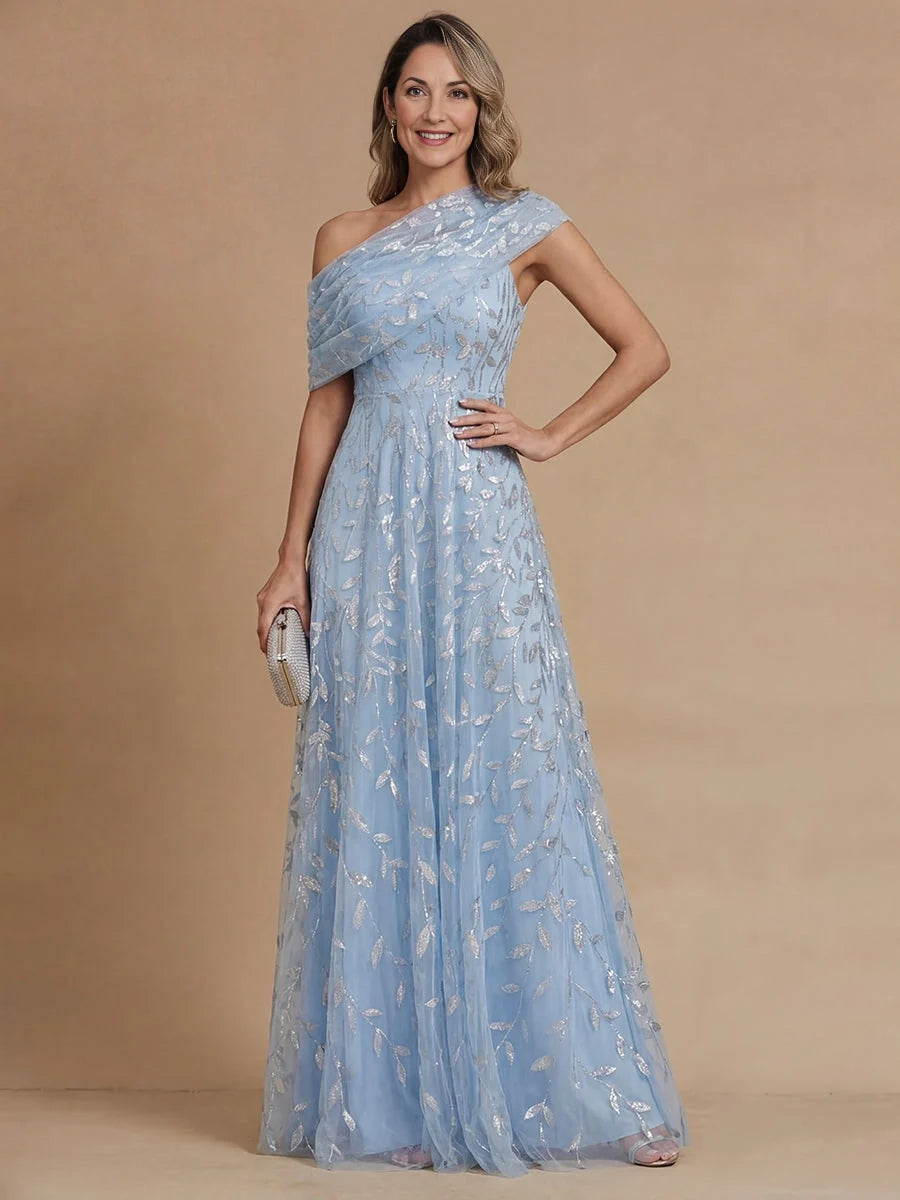 Light blue one-shoulder maxi dress with embroidered pattern and draped A-line tulle skirt