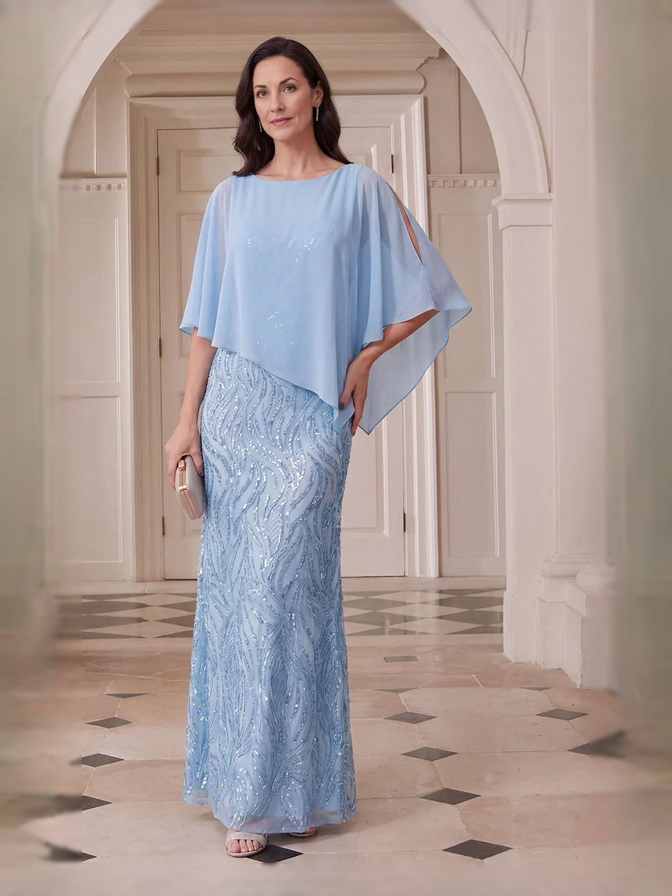 Steel blue mermaid maxi gown with beaded sequin detail and bateau neckline, front view