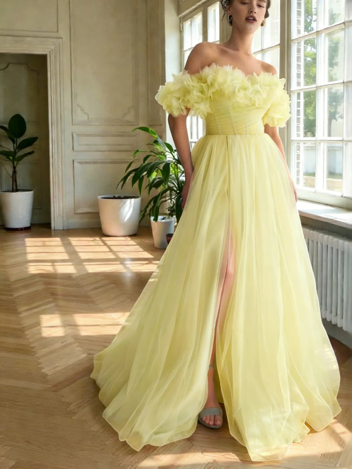 Lemon off-shoulder ball gown with ruffled shoulders and side-slit tulle skirt