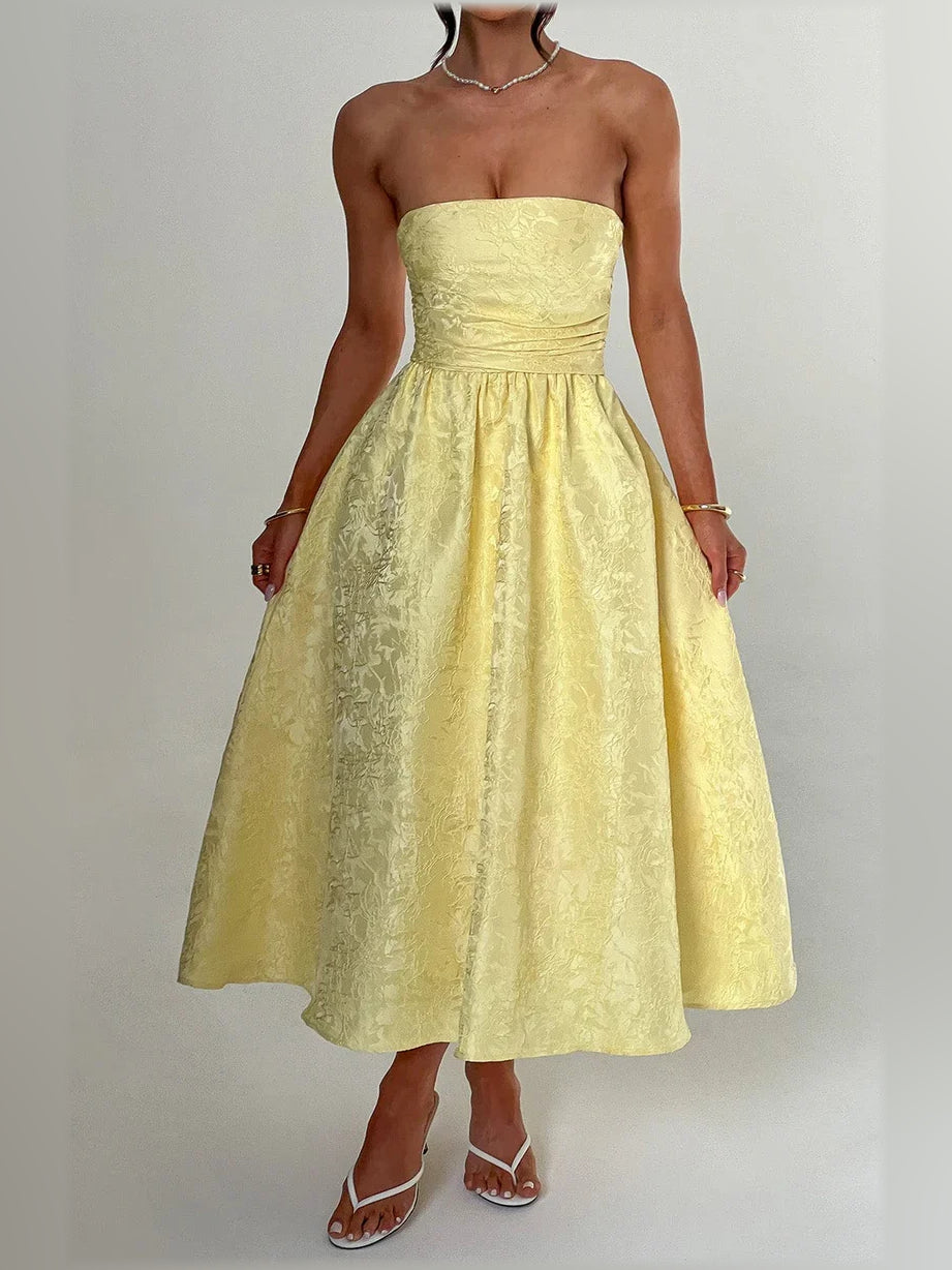 Yellow strapless corset midi dress with ruched bodice and flared gathered skirt