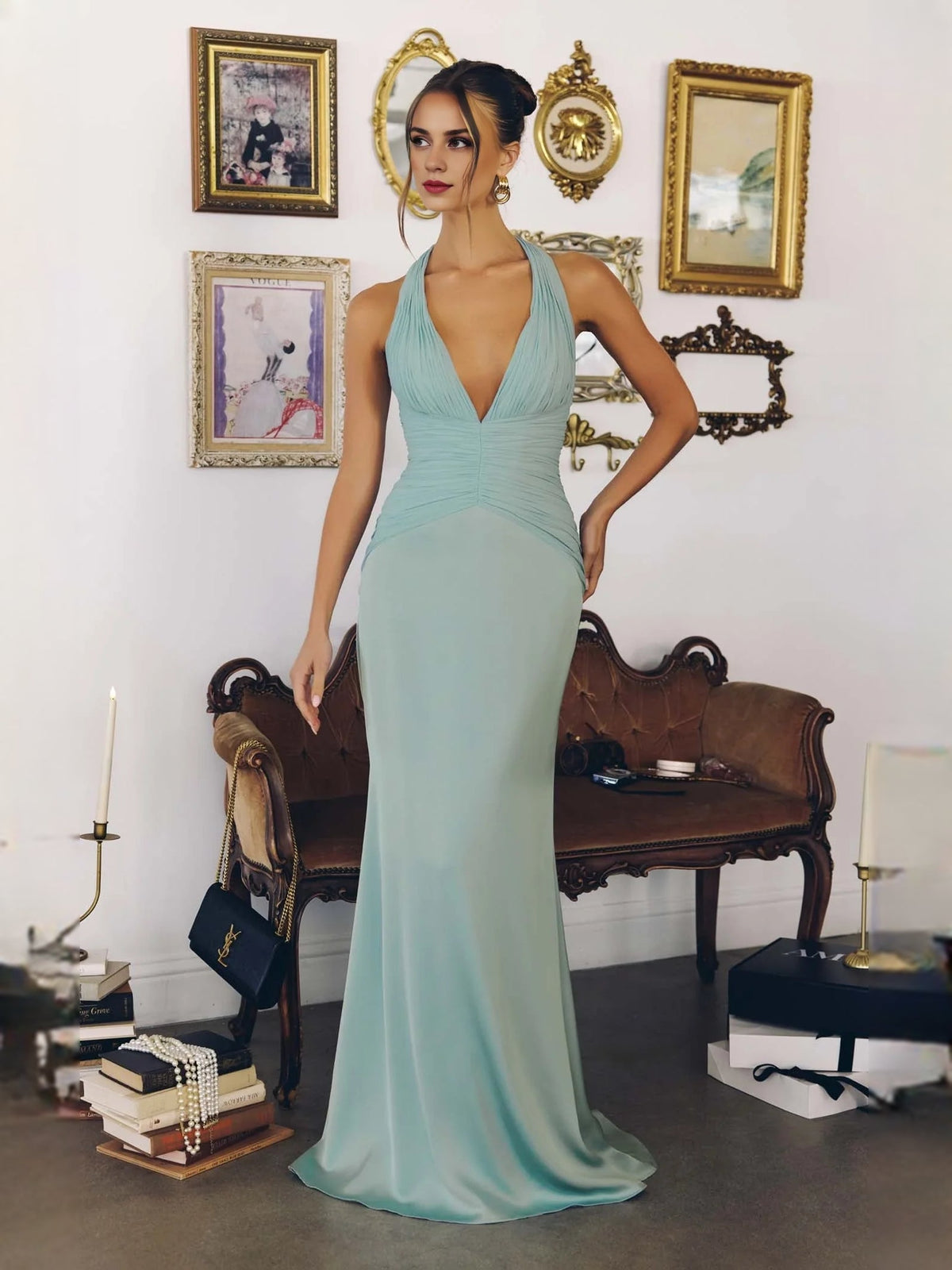 Light mint green halter neck ruched formal dress with open back, floor-length