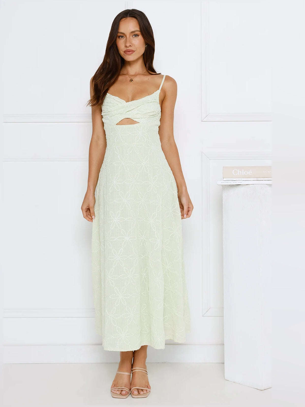Mint midi formal dress with lace-like texture, spaghetti straps, and scoop neckline