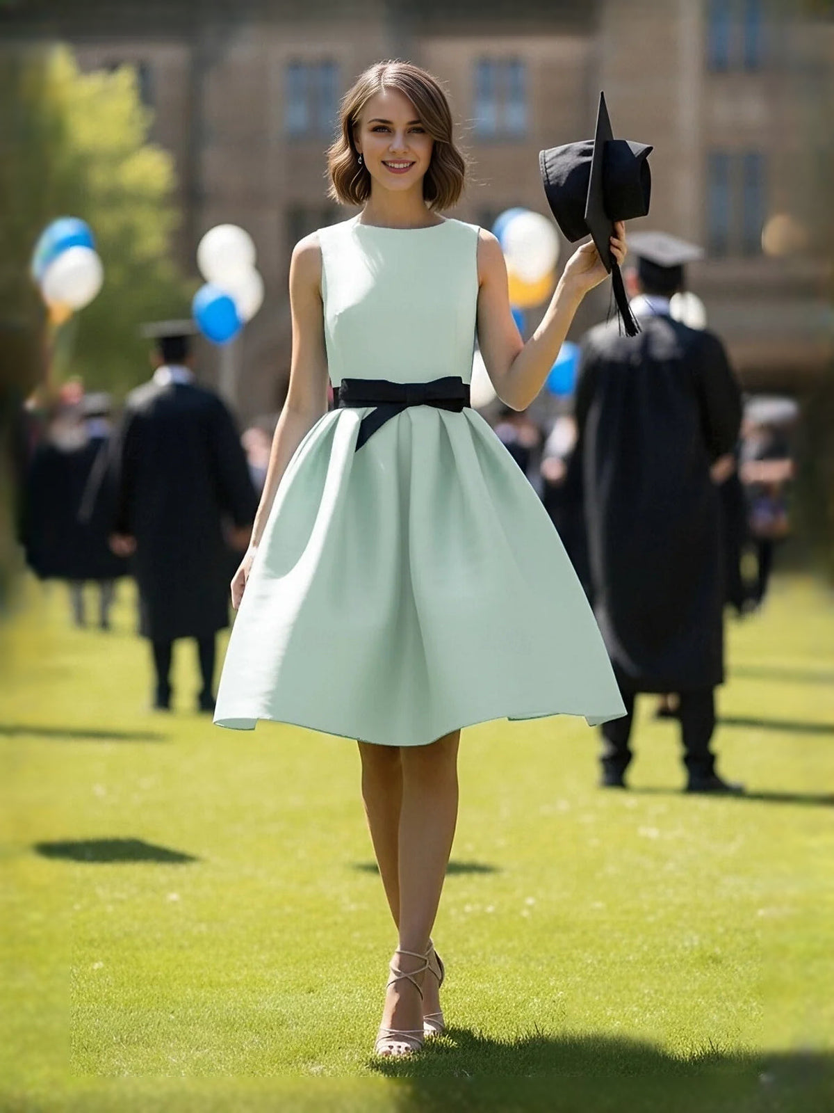 Mint green sleeveless A-line prom dress with pleated skirt and black bow waist detail