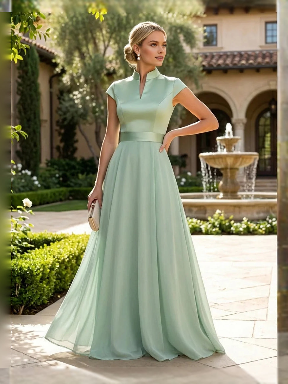 Mint green satin A-line mother-of-the-bride dress, high neckline, sleeveless, floor length