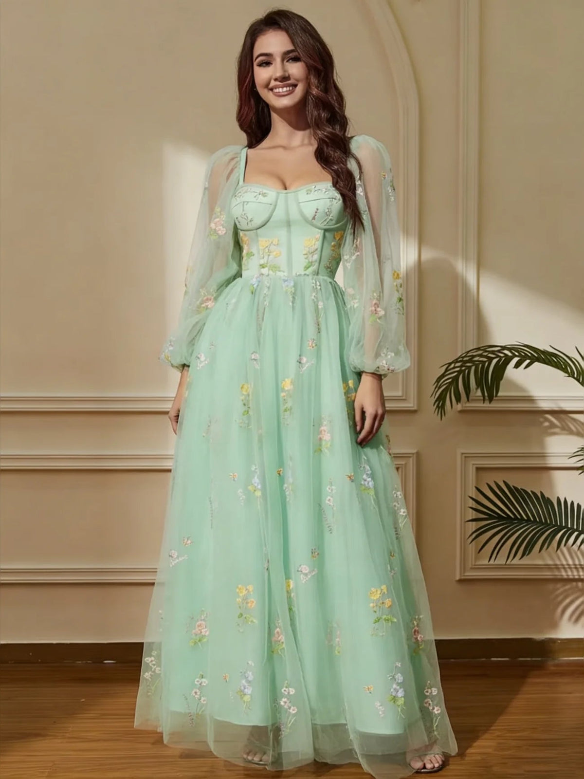 Mint green sweetheart A-line midi prom dress with sheer puff sleeves and floral embroidery