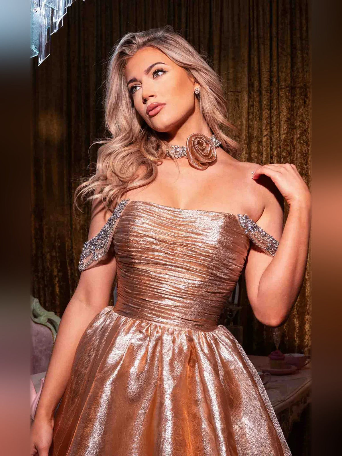 Ruched off-shoulder mini A-line dress, metallic rose-gold with rhinestone sleeves